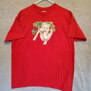 Vintage Brisco Bay Shirt Womens 2X Red Activeweat Kitten Hanging From Tree